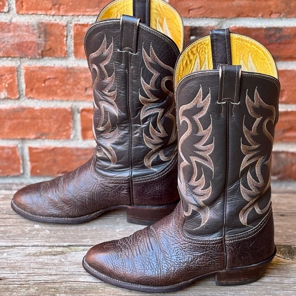 Nocona Men's Brown Bullhide Leather Western Cowboy Boots Sz 8.5EE Wide - Picture 1 of 9